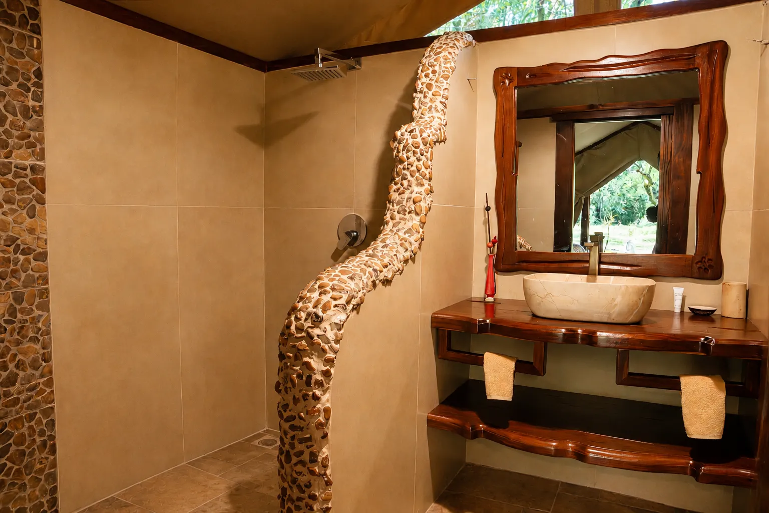 Modern en-suite private bathroom inside a river view tent at Exploreans Mara River Camp in Masai Mara