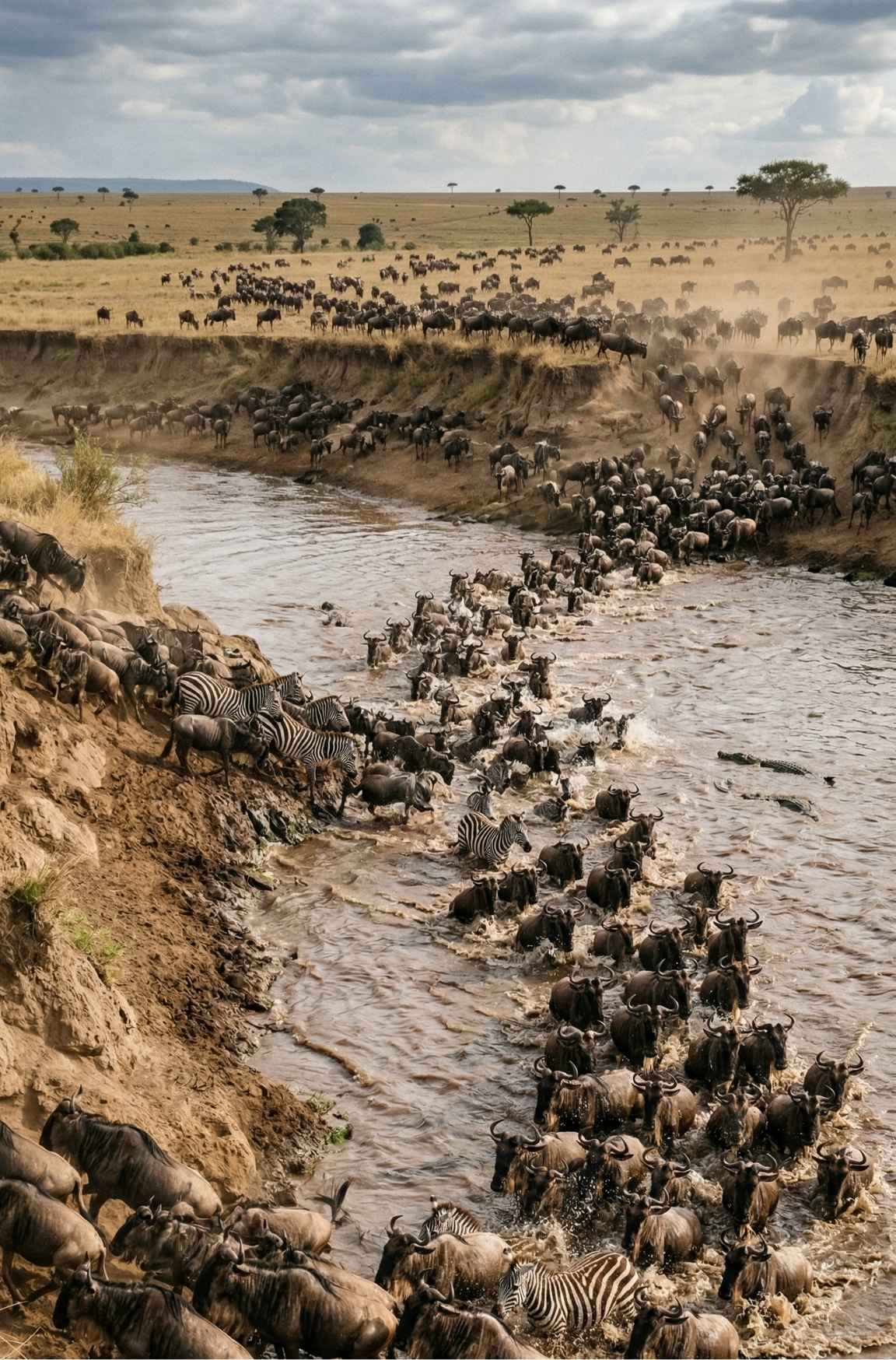 Wildebeest crossing the Mara River during the Great Migration, Maasai Mara Kenya