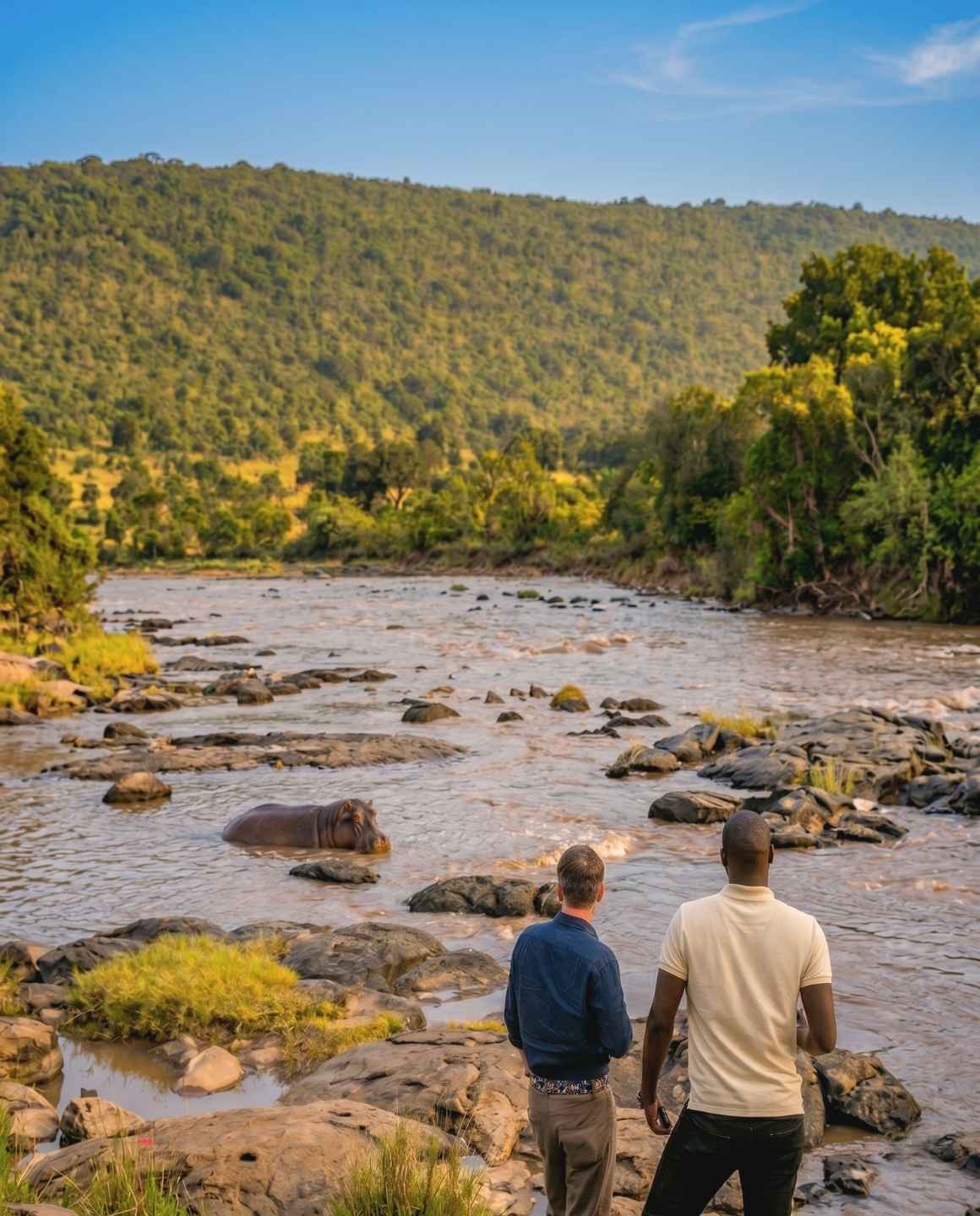 Two guests observing a hippopotamus in the Mara River at Exploreans Mara River Camp during a guided wildlife experience