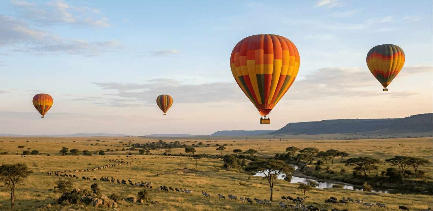 Hot air balloon safari drifting over the Maasai Mara plains at sunrise, Kenya