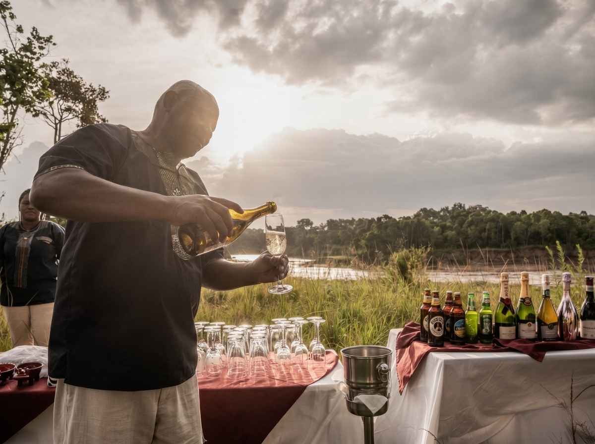 A host pouring champagne during a luxury bush sundowner experience at sunset, set against the backdrop of the Mara River at Exploreans Mara River Camp