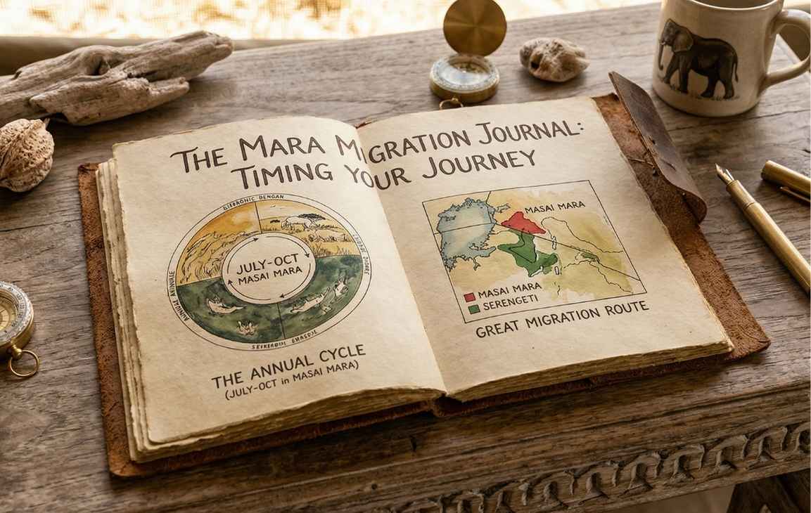 Month-by-month seasonal calendar for visiting the Maasai Mara, showing Great Migration timing July to October, Kenya