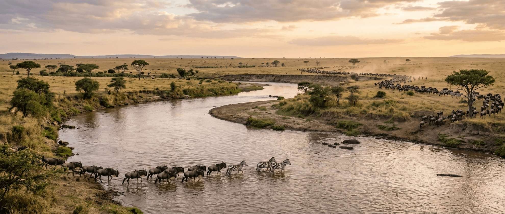Panoramic view of the Mara River and the surrounding wilderness at Exploreans Mara River Camp, where wildlife visits the grounds