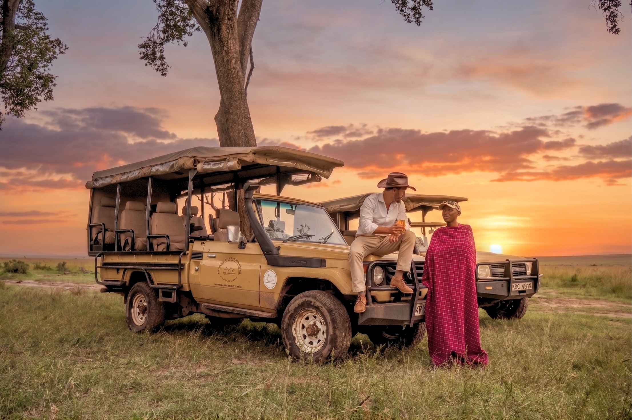 Safari guests at sunset in the Maasai Mara, Exploreans Mara River Camp, Kenya