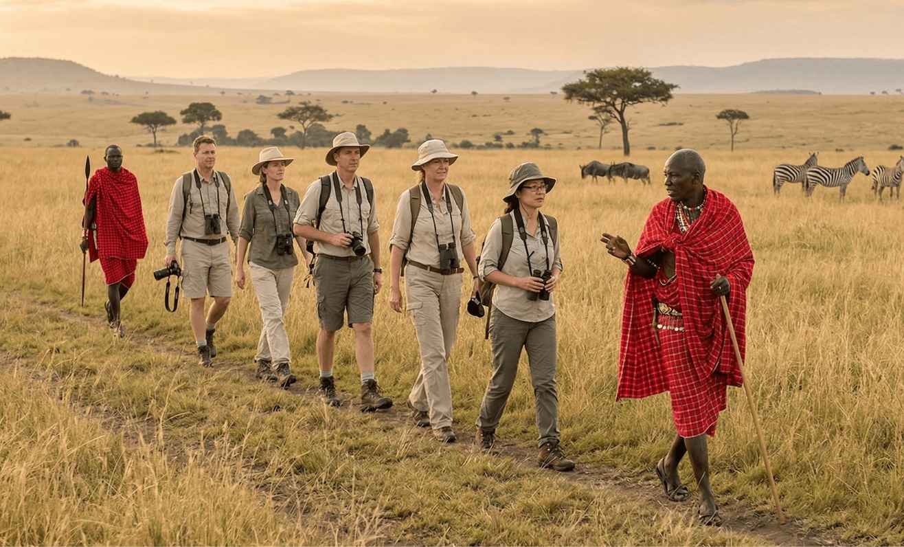 Armed ranger leading a guided walking safari through the Maasai Mara bush, Exploreans Kenya